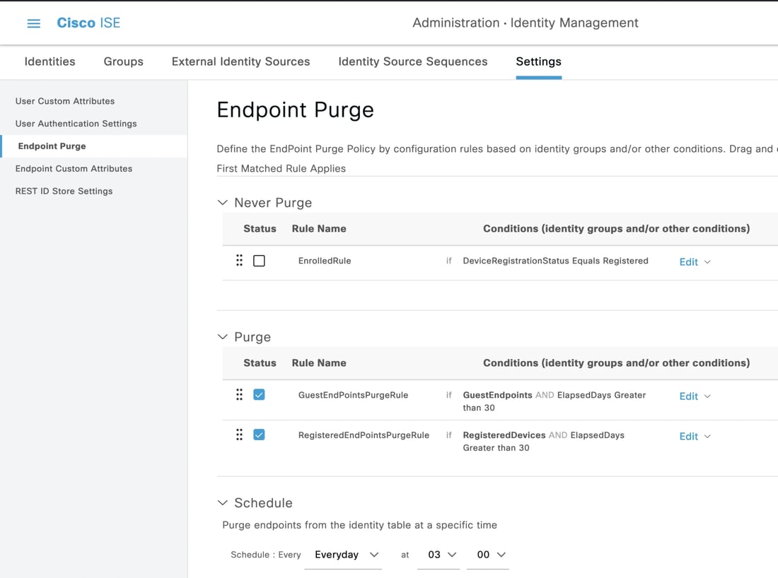 Figure 2: ISE Endpoint Purge Default Settings