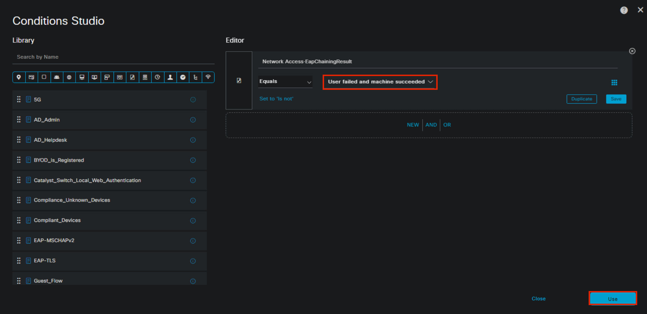 Conditions Studio with EapChainingResult equals user failed and machine succeeded