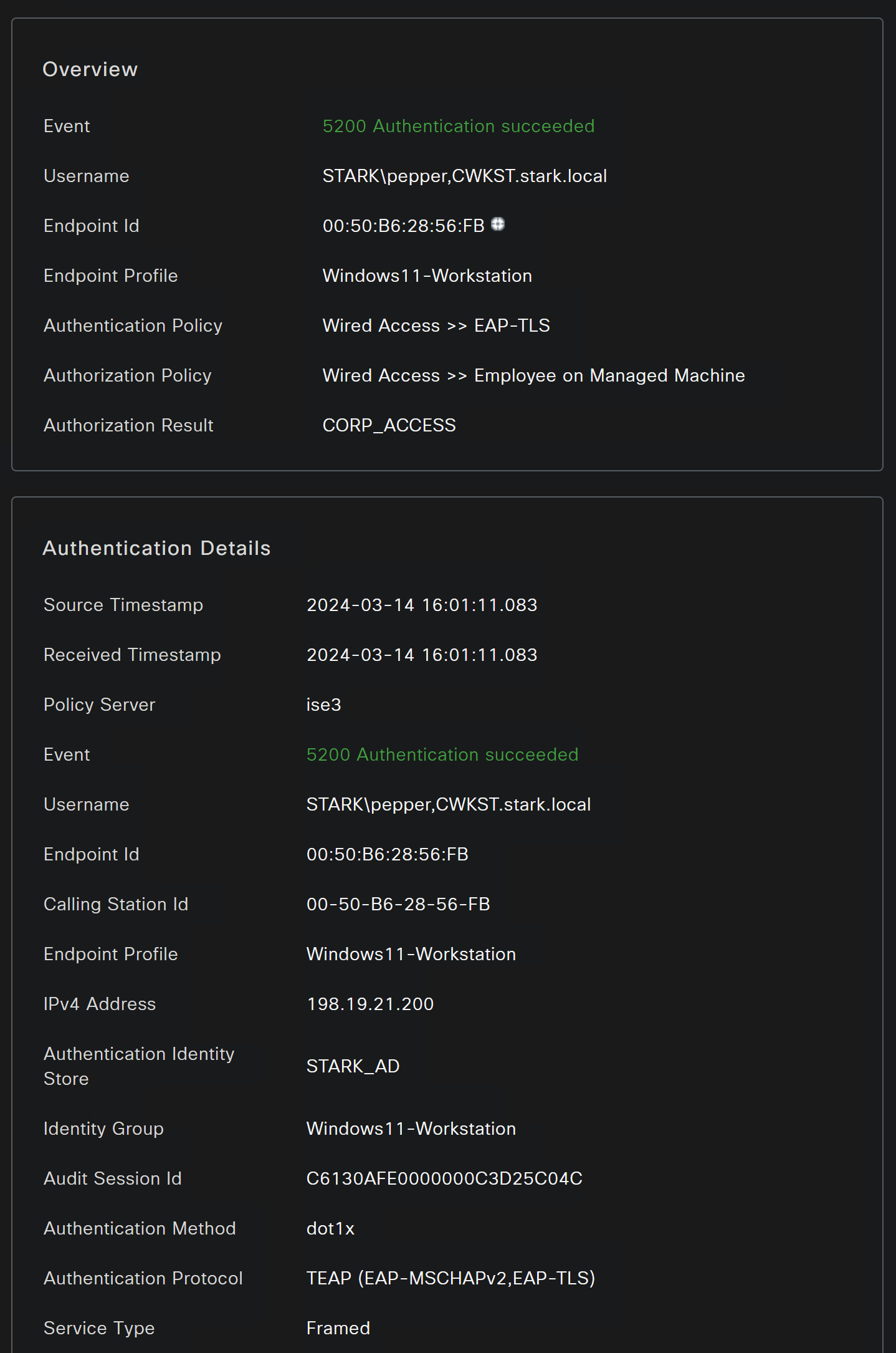 ISE Live Log authentication detail showing TEAP with chained machine and user credentials