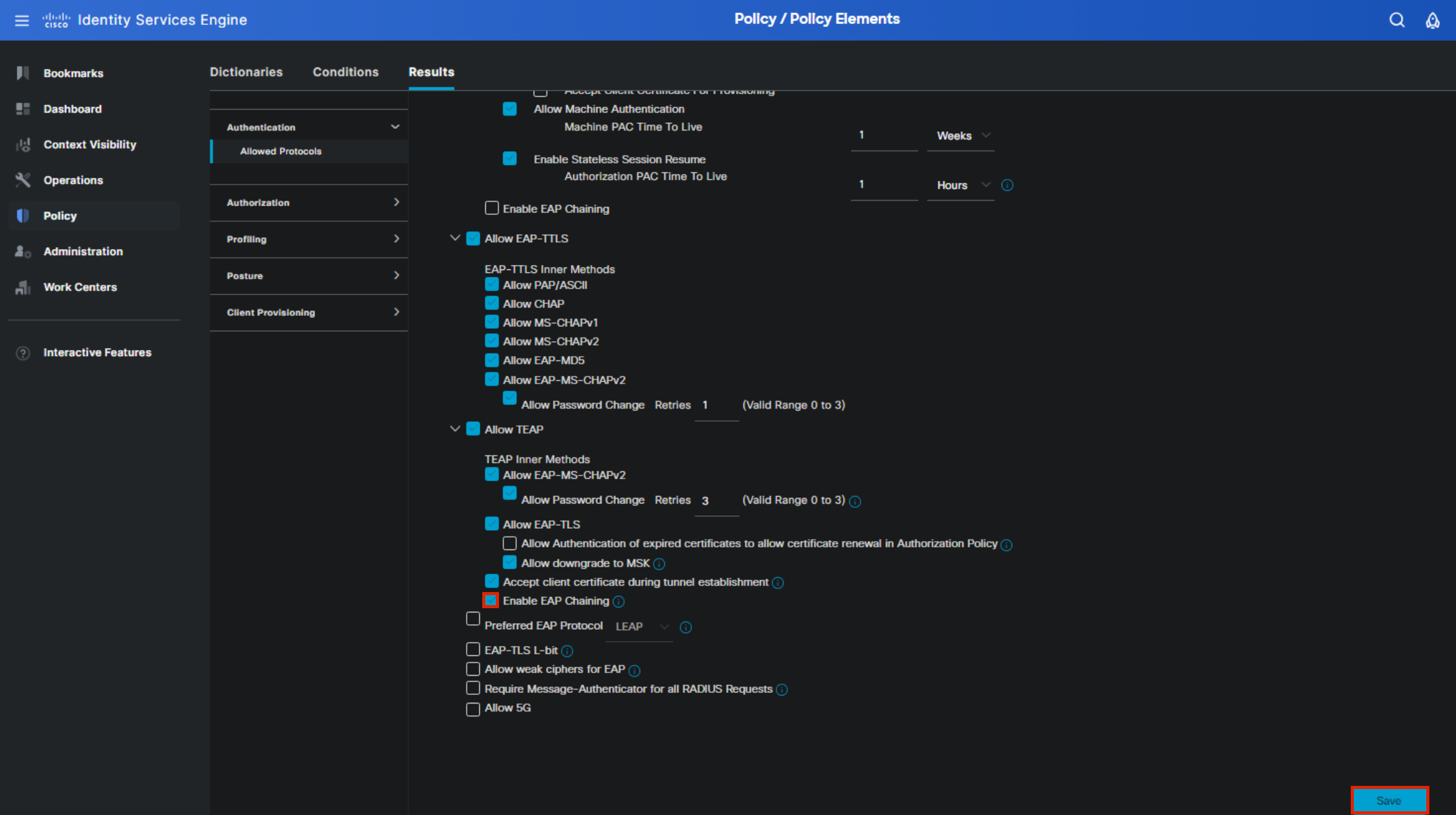 ISE Allowed Protocols page showing TEAP settings and EAP chaining checkbox