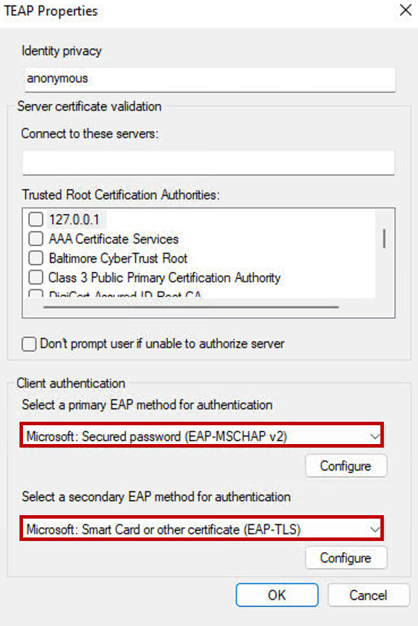 Windows TEAP properties showing primary and secondary EAP method configuration