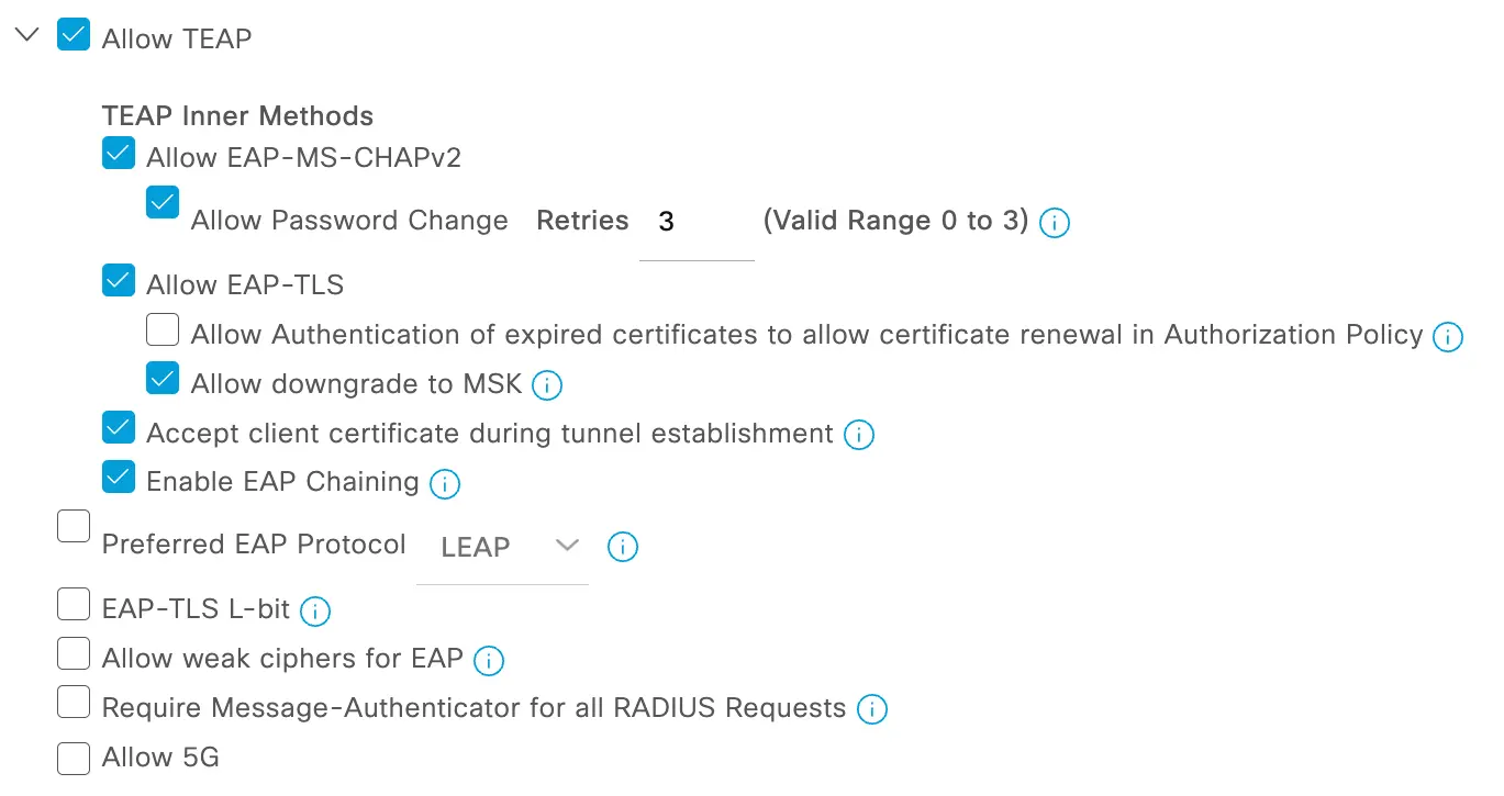 TEAP Allowed Protocol Settings