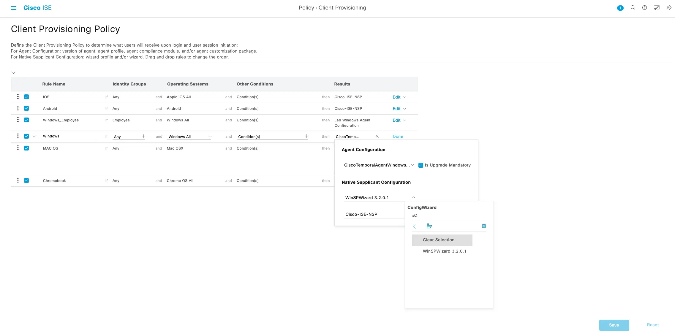 Cisco ISE Client Provisioning Policy - Clear Selection