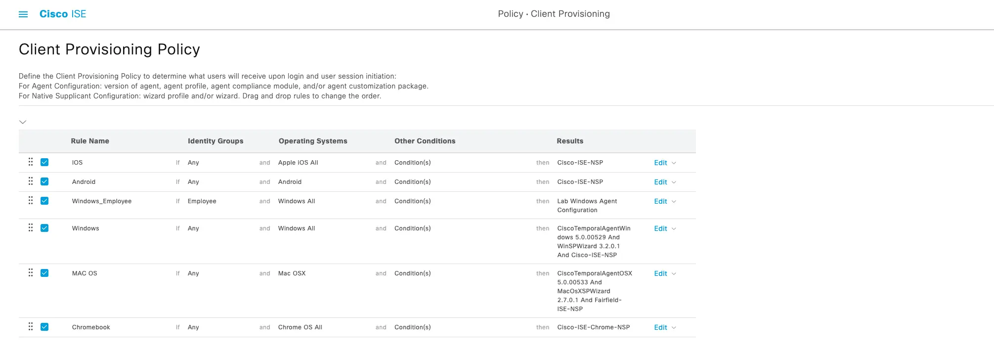 Cisco ISE Client Provisioning Settings