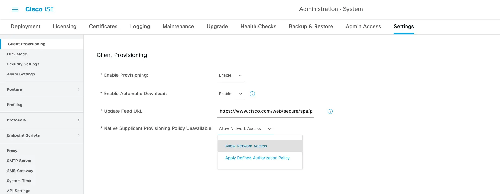 Cisco ISE Client Provisioning Settings