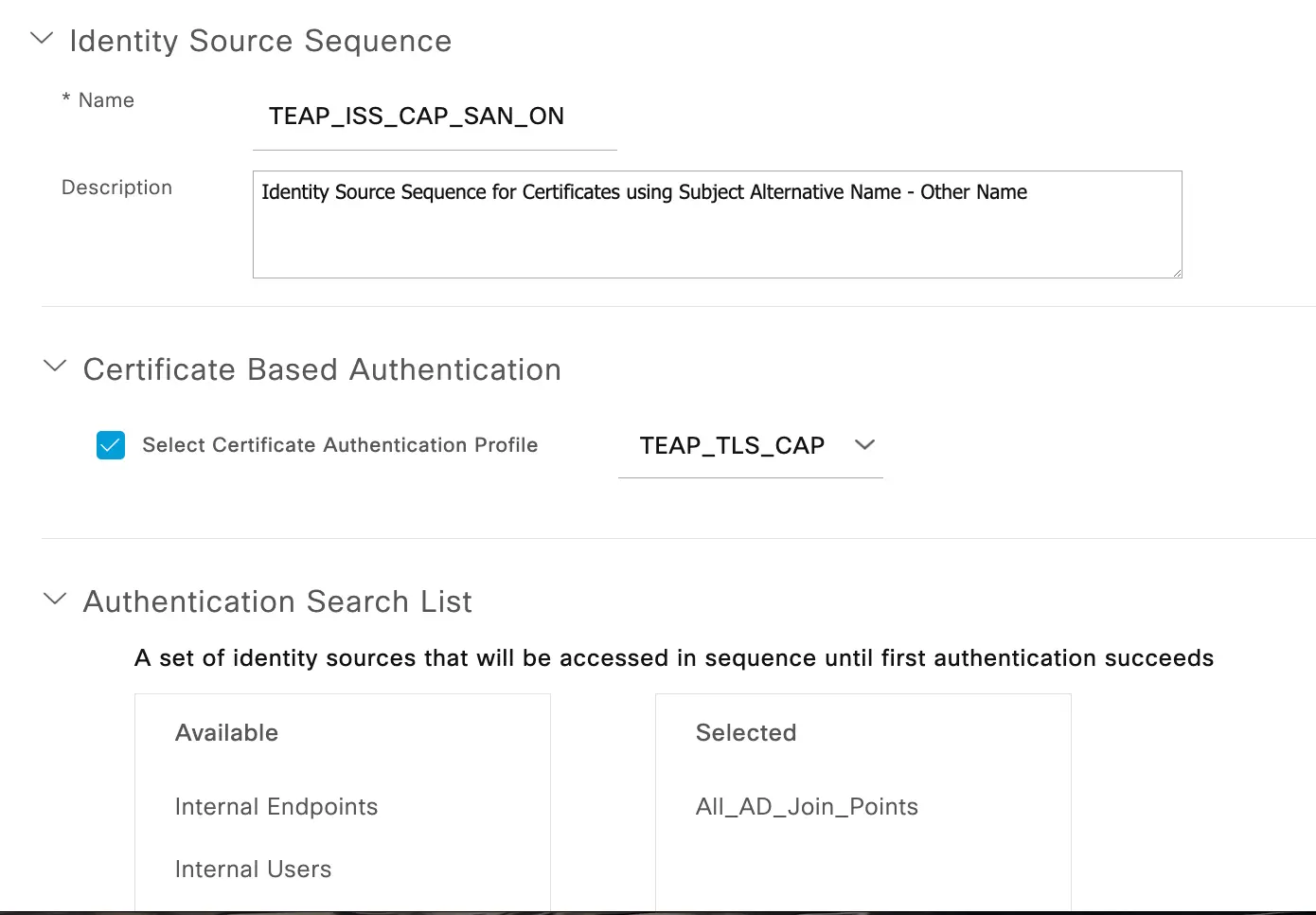 TEAP Identity Source Sequence with Certificate Authentication Profile