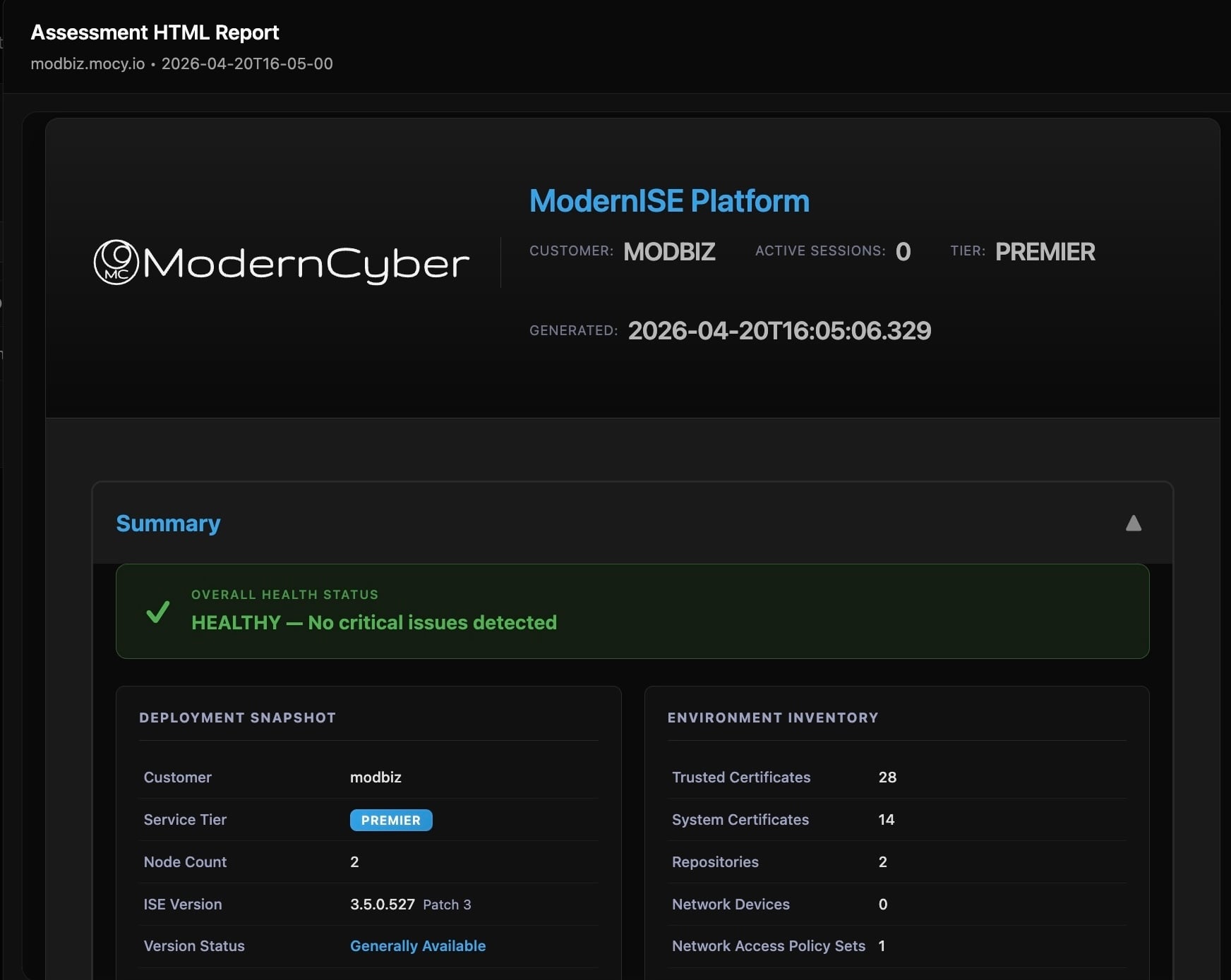 ModernISE Platform Health Assessment showing Cisco ISE Patch 3 installed